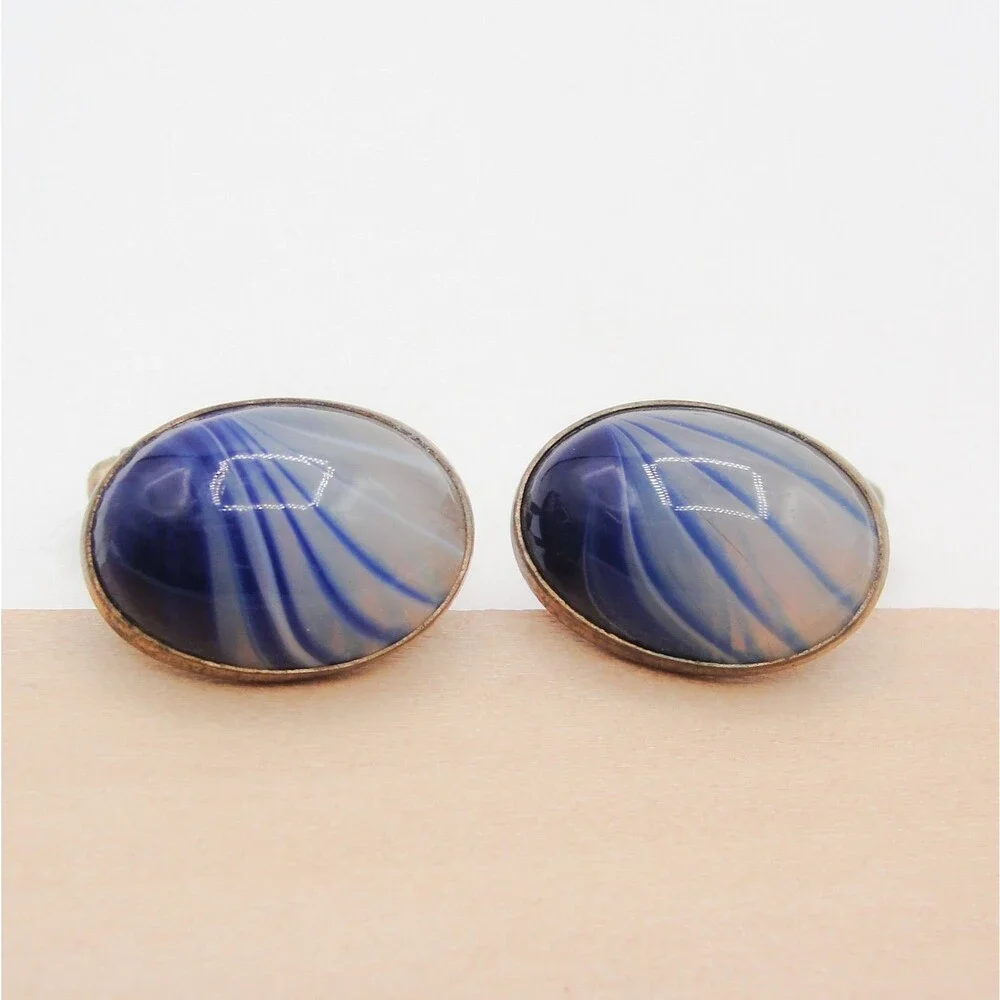 Vintage Gold Tone Blue White Swirl Glass Oval Cufflinks Retro MCM Classic